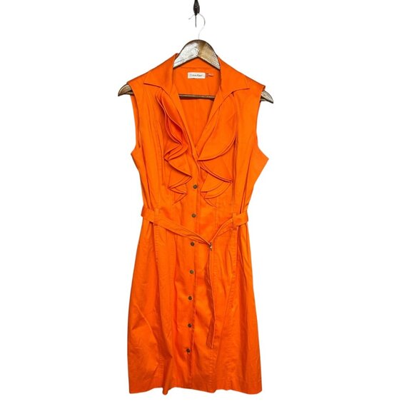 Calvin Klein Dresses & Skirts - Calvin Klein Orange Snap Front Ruffle Belted Stretchy Shirt Dress Size 12